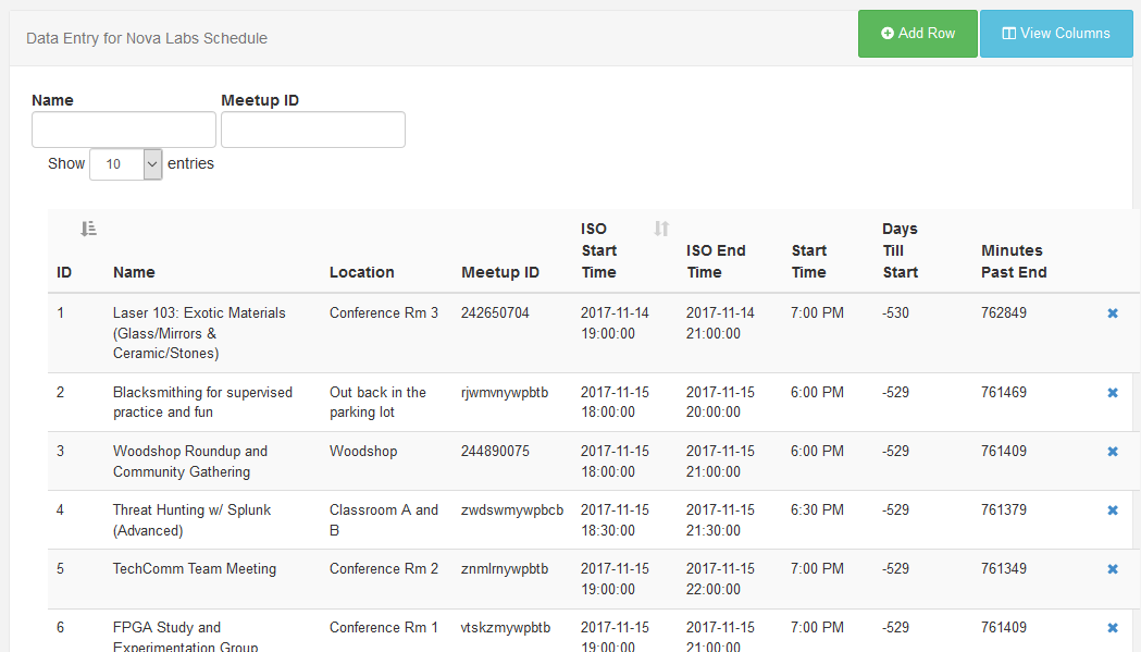 Screenshot Xibo's event dataset review screen with columns for event name, location, ISO start time, ISO end time, start time, days till start, and minutes past end
