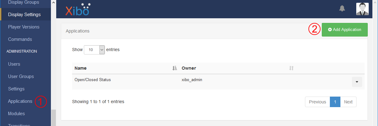 Screenshot showing the Xibo applications list