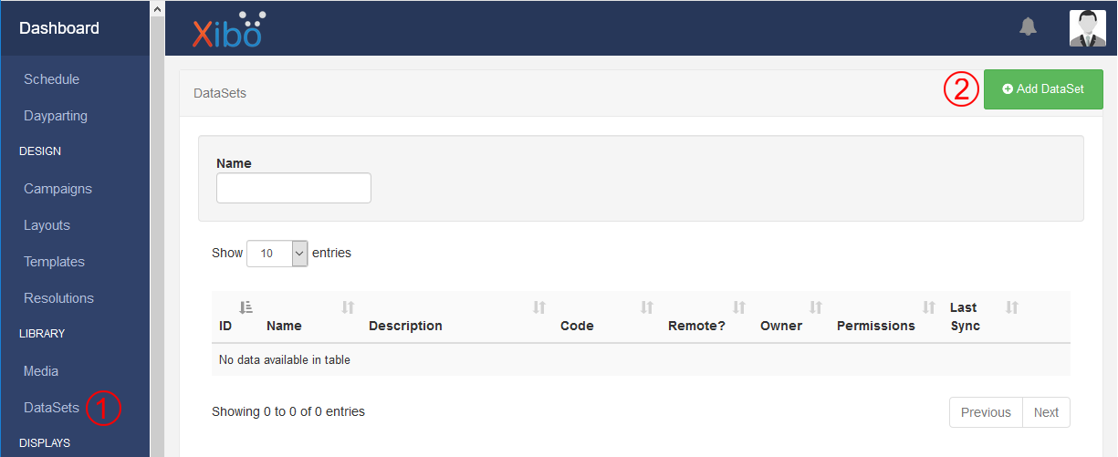 Screenshot showing Xibo's datasets list