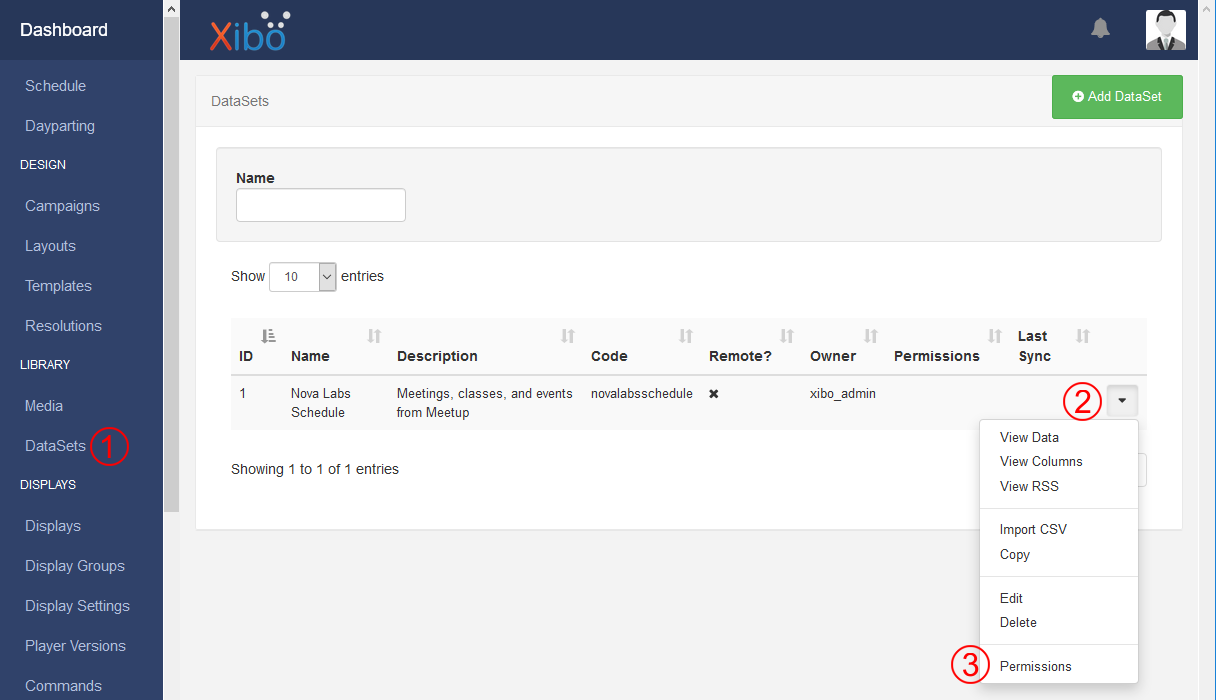 Screenshot showing Xibo datasets with the popup menu open