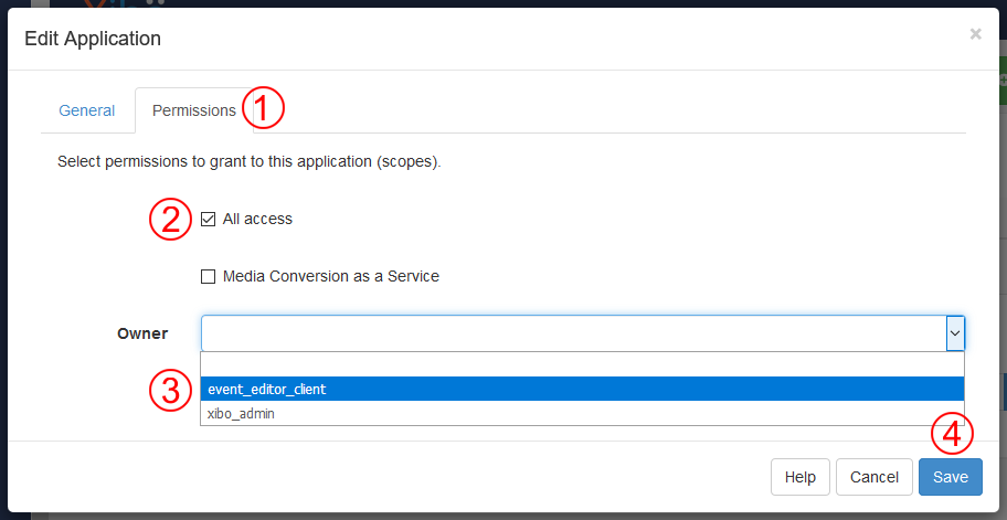 Screenshot showing the permissions tab of the Edit Application dialog box.