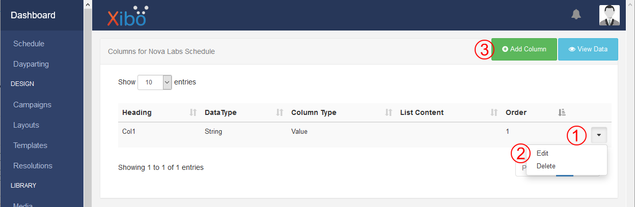 Screenshot showing the events dataset column list with the popup menu open