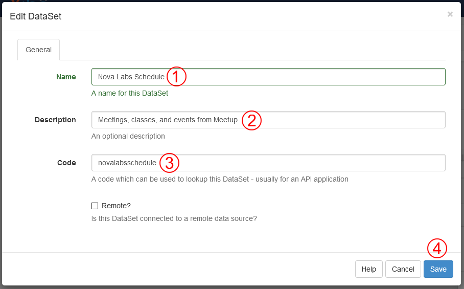 Screenshot showing the Xibo Edit Dataset dialog box