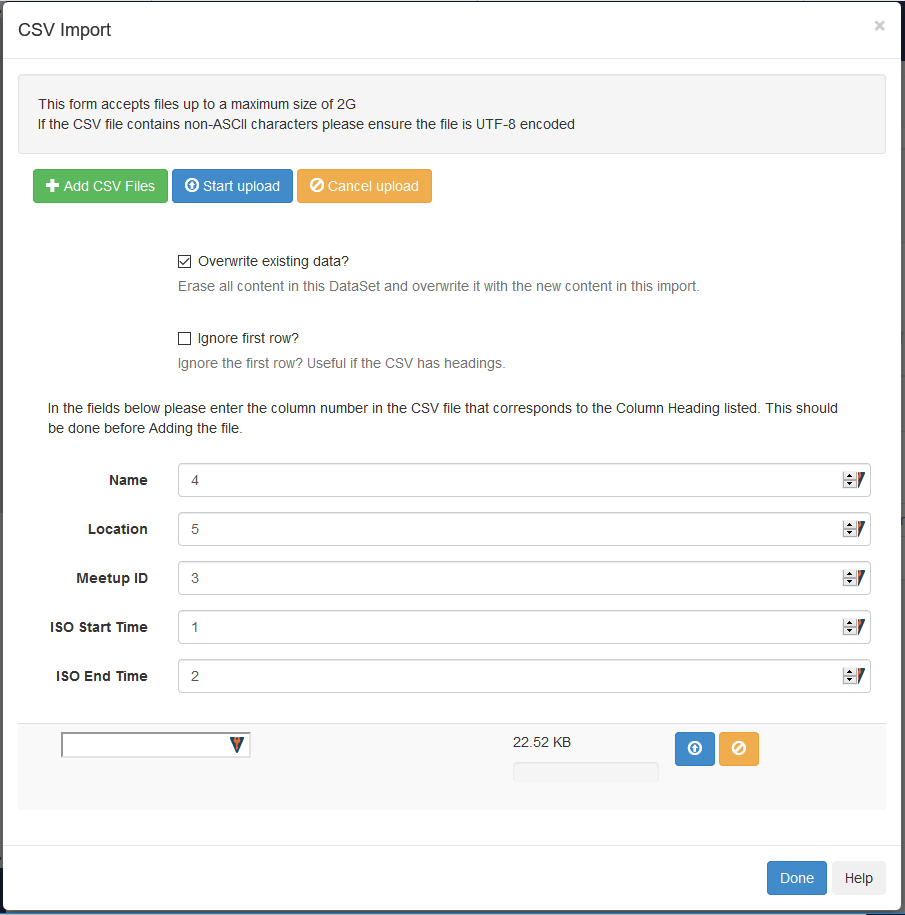 Screenshot of Xibo's "CSV Import" dialog box