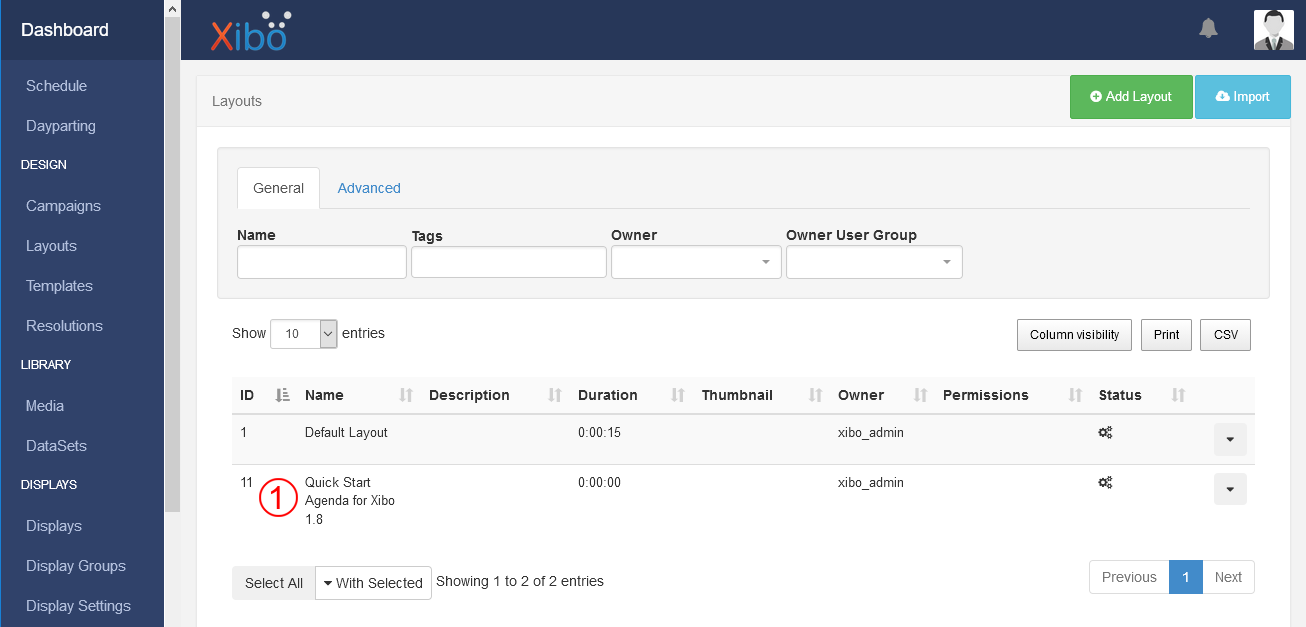 Screenshot showing Xibo's layouts list containing the imported layout