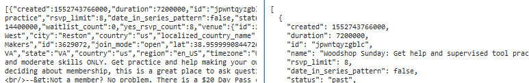 Screenshot of raw JSON event data displayed by a web browser: too much information