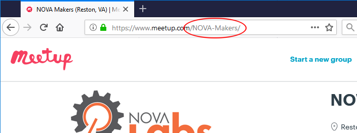 Screenshot of a web browser address line with the Meetup.com URL group name circled within the URL
