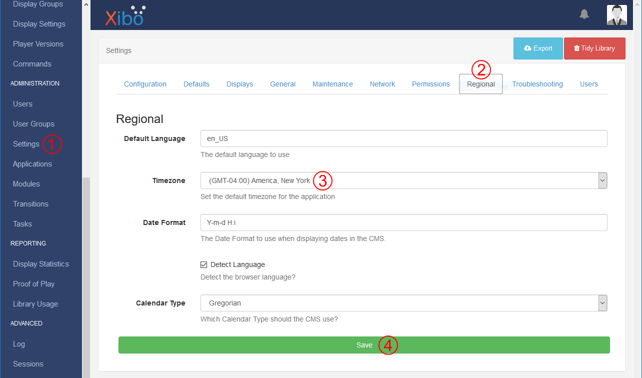 Screenshot of the Xibo regional settings