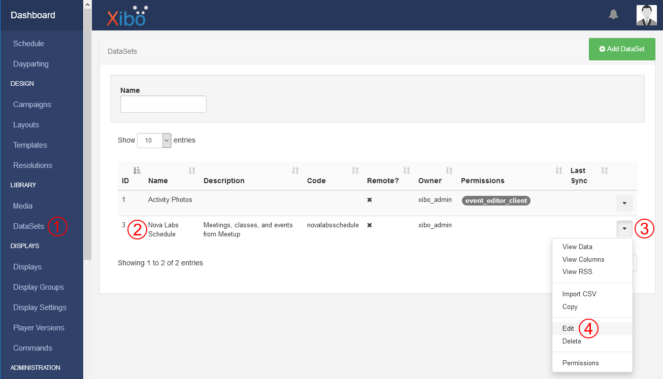 Screenshot showing Xibo's datasets list containing the imported dataset