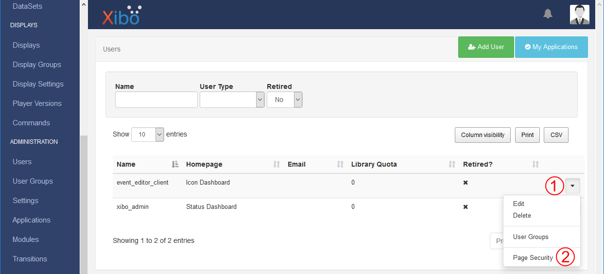 Screenshot Xibo's user list with a popup menu open