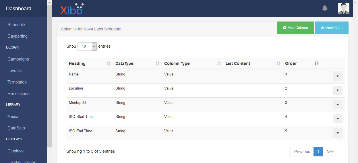 Screenshot showing the list of value columns for the events dataset